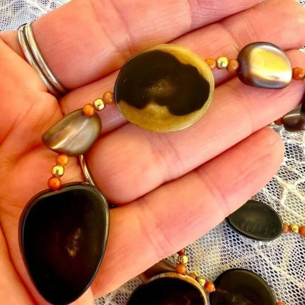 Vintage 70's Natural Horn, Coral & Abalone Shell Necklace 25”